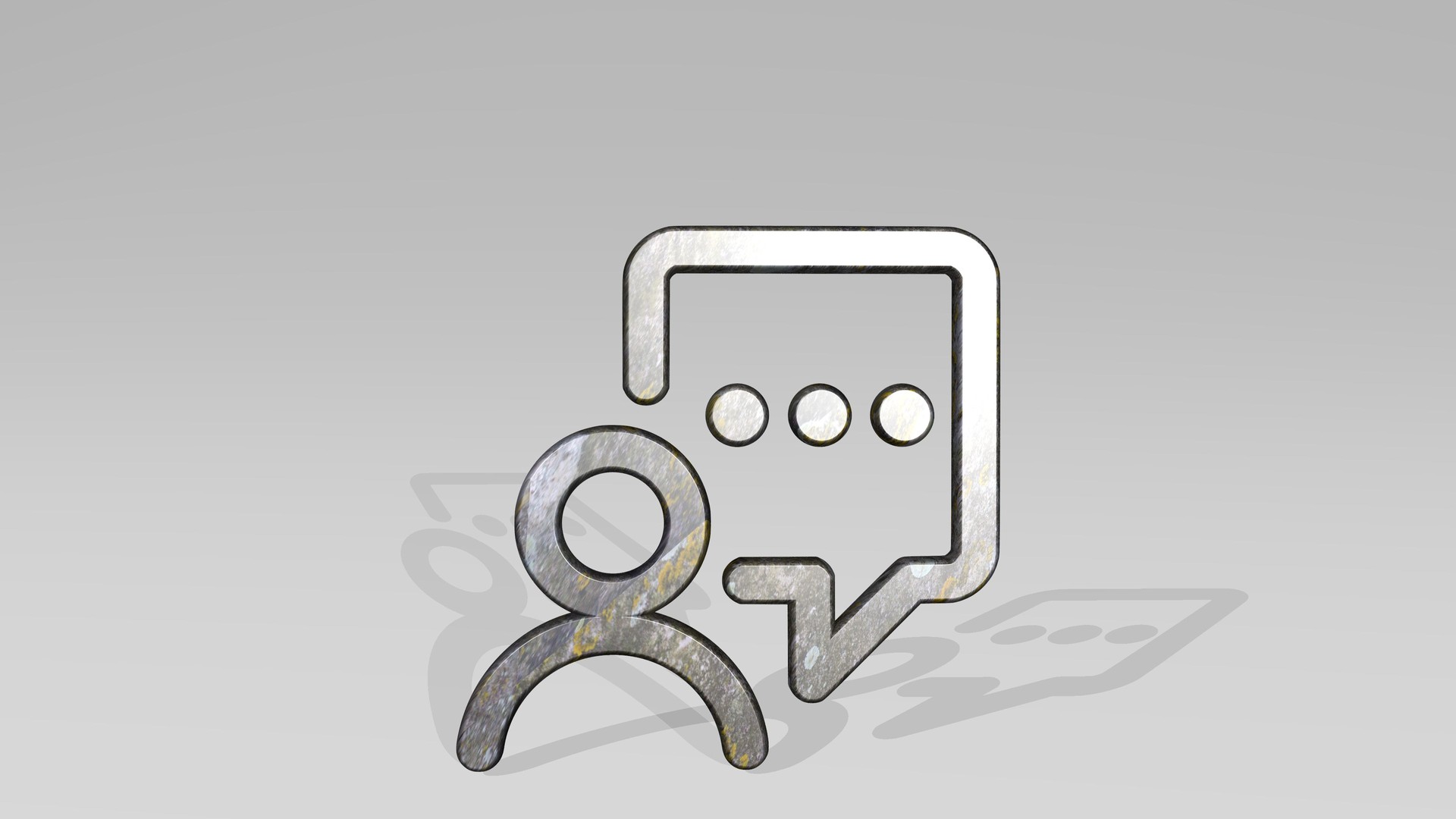 messages people person bubble square casting shadow with two lights. 3D illustration of metallic sculpture over a white background with mild texture. concept and communication